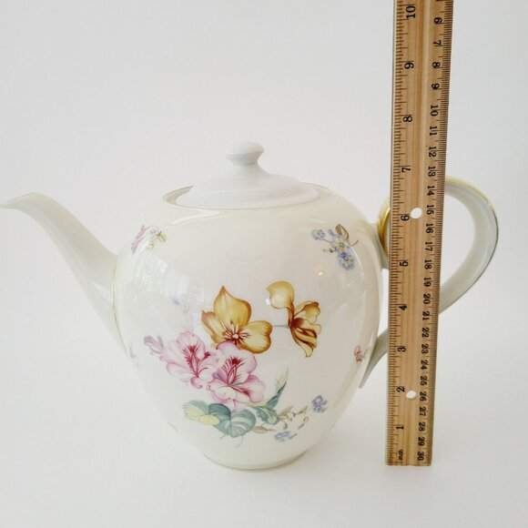 Vintage German Floral Teapot Pretty Pink & Orange Flowers H&C Heinrich Elegant - Picture 9 of 10